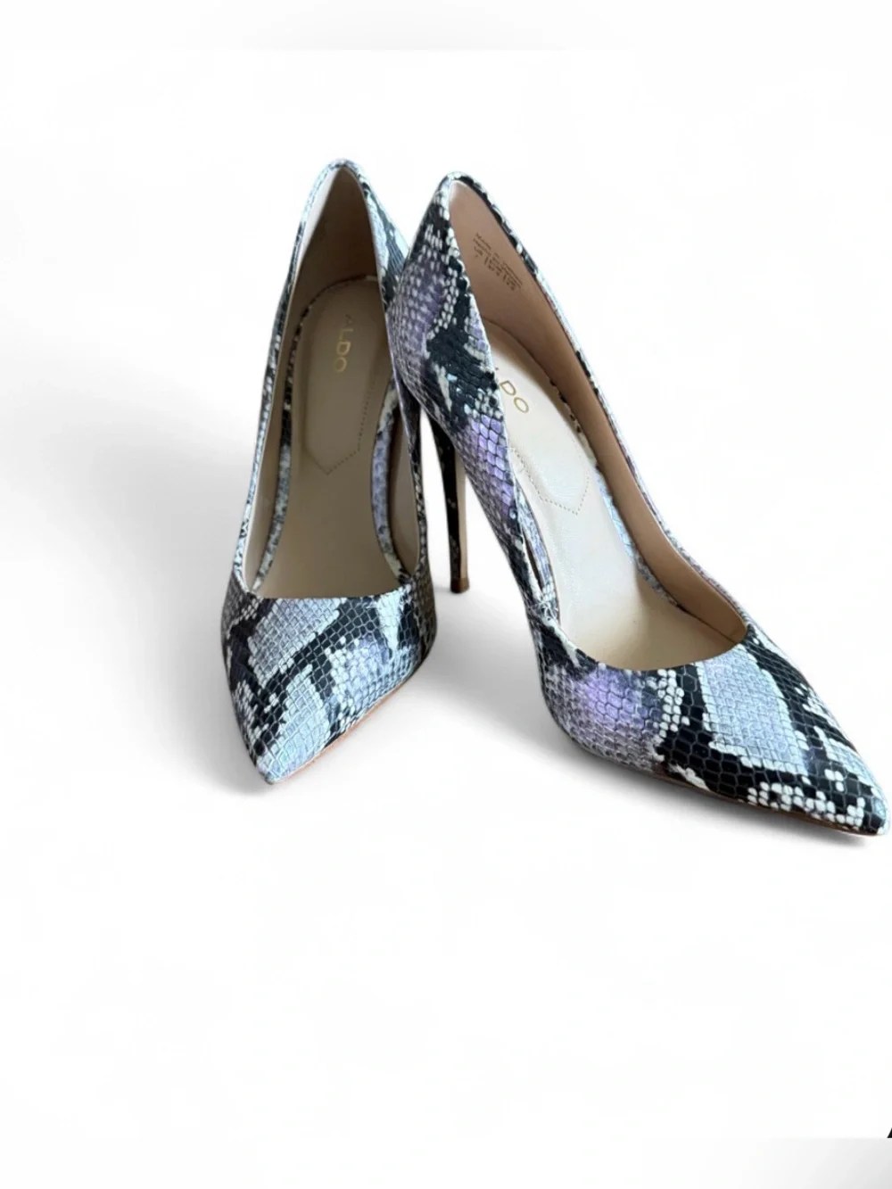 Aldo Lavender & Black Snake-Print Pointed Stiletto Heels